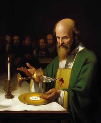 A priest holding a chalice with wine spilling onto a plate, depicting a Eucharistic miracle.