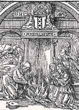 An artistic depiction of a historical miracle involving fire and divine intervention.