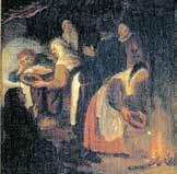 A historical scene depicting people around a fire, possibly in a domestic setting.