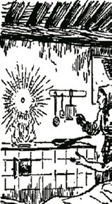 An illustration showing a woman with the miraculous Host near a fire.