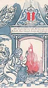 A woman in a white robe kneels by a fireplace, with angels above, depicting the miraculous Host of Amsterdam, 1345.