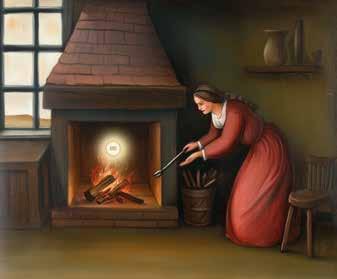A woman in historical attire tends a fire where a glowing Host miraculously remains intact, symbolizing the 1345 Amsterdam miracle.