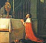 A man in a red cape kneels in prayer before a reliquary containing the Host.