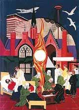An artistic depiction of a Eucharistic miracle with figures gathered around a glowing Host.