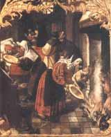 A scene depicting Ysbrand Dommer receiving Communion in a historical setting with people around him.