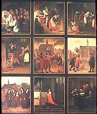Nine panels illustrating various scenes from the Eucharistic miracle of Amsterdam.