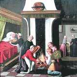 A historical scene depicting people gathered around a fireplace in a domestic setting.