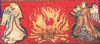 Two angels beside a fire, depicting a religious scene with flames and a heart.