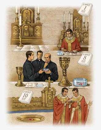 Illustration depicting a Eucharistic ceremony with priests and altar elements from 1992.