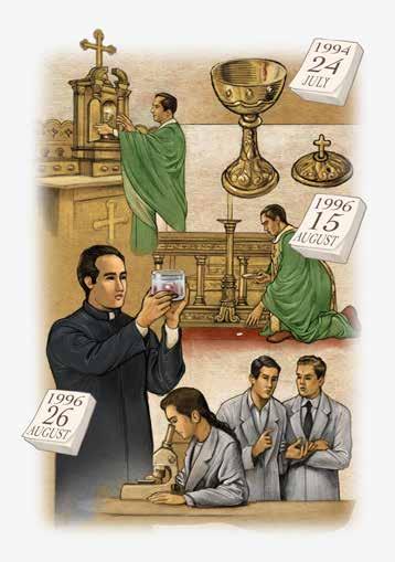 Illustration depicting a priest holding a chalice and scientists examining samples related to a Eucharistic miracle.
