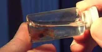 A glass vial containing a blood-like substance, held by a person.