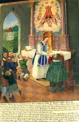 A priest administering Communion to a child, with onlookers in a church setting.