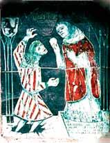 A depiction of a priest giving communion to a man in a red robe, with a striped garment.
