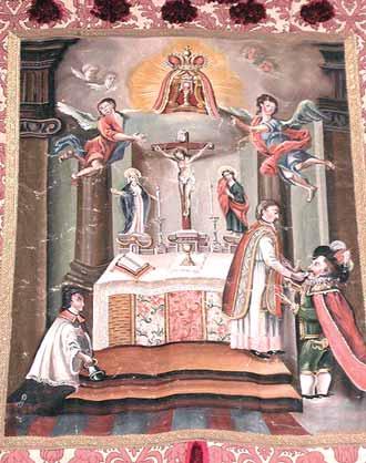 A religious scene showing a priest and figures around an altar with angels above.