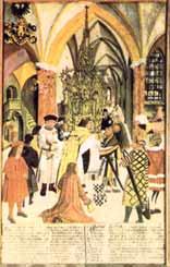 A historical depiction of a religious ceremony involving a priest and worshippers in a church setting.