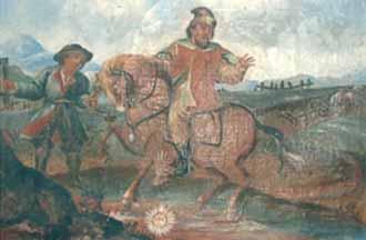 A historical painting showing a rider on horseback and a man walking beside, with a glowing object on the ground.