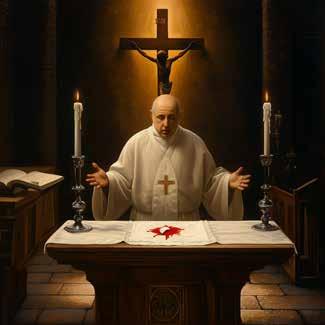 A priest standing at an altar with a crucifix behind, flanked by candles, and a cloth with a red stain.