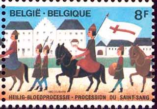 A colorful stamp depicting a procession with knights and a flag in Bruges.