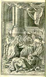 An old print depicting a religious scene related to the Eucharistic miracle in Brussels.