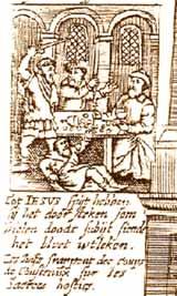 An illustration depicting the Eucharistic miracle with figures around a table and a person on the ground.