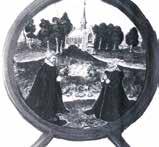 An illustration showing two figures in black robes near a church and trees.