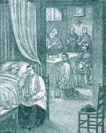 A priest visiting a sick person in bed, with others gathered in a room, possibly depicting a religious scene.