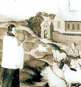 A priest carrying a sacred relic, followed by a flock, with a church in the background.