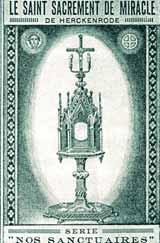 An ornate monstrance with a cross on top, used for carrying a relic, depicted in an old print.