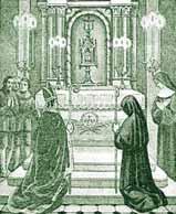 A religious scene with clergy and nuns kneeling before an altar in a church setting.