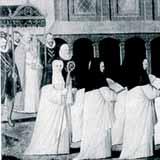A historical illustration showing a group of nuns in procession, possibly related to a religious event.