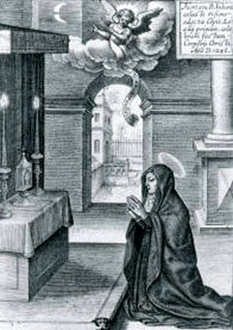 St. Juliana kneels in prayer, witnessing a vision of an angel above, symbolizing her Eucharistic revelation in Liège, 1208.
