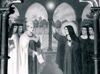 St. Juliana of Cornillon shares her vision of the darkened moon with a priest and nuns in Liège, 1208.