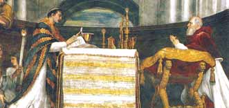 A religious scene with two figures, one seated and one standing, in a church setting.