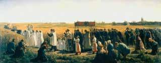 Uma procissão religiosa em um campo com clérigos e seguidores, liderada por um estandarte.