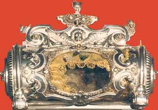 A silver reliquary containing the coagulated Blood from the Eucharistic miracle.