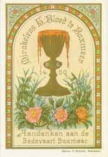 An illustration of a chalice with blood and flowers, commemorating the miracle in Boxmeer.