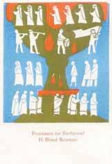 An illustration depicting a procession with figures around a chalice, symbolizing the Eucharistic miracle.