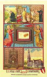 An illustration depicting the relic of the Blood-stained corporal and scenes from the Eucharistic miracle.