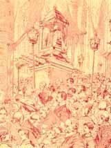 An illustration depicting a large crowd in a procession with a religious relic.