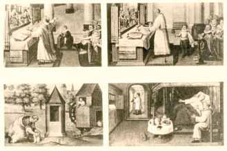 Four illustrations depicting scenes related to the Eucharistic miracle in Boxtel.