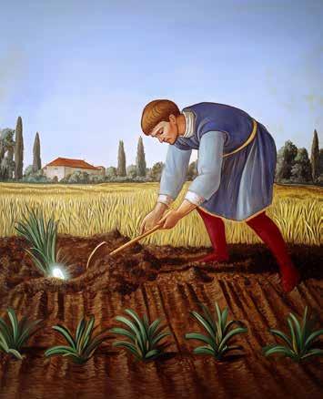 A farmer digging in a field discovers a glowing Host among the crops.