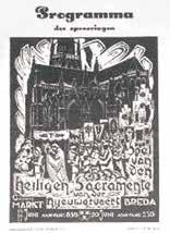 A black and white illustration depicting a religious procession with people and banners.