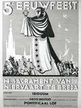 A banner illustrating the finding of the miraculous Host, featuring a figure holding the Host.