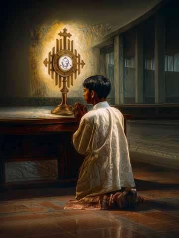 A young boy kneeling in prayer before a monstrance on an altar in a dimly lit church.