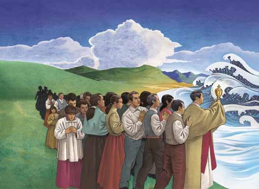 A procession of people holding a monstrance, facing a turbulent sea with waves crashing.