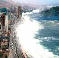 A large wave crashing against a coastal city, depicting the force of nature during a tsunami.