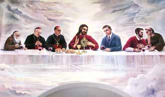 A painting depicting Jesus and six figures at a long table, resembling the Last Supper.