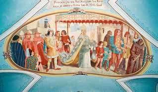 A fresco depicting the procession led by Pope Leo X with various figures in historical attire.