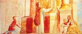 A fresco depicting the priest performing the Eucharistic miracle during Mass.