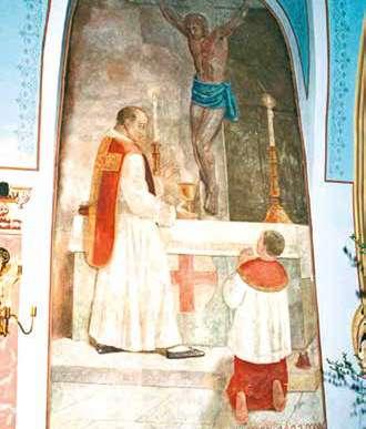 A fresco depicting a priest and altar boy during a Eucharistic ceremony with a crucifix in the background.
